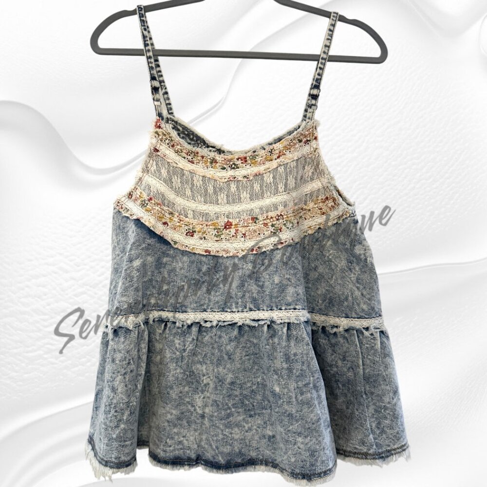 POL Acid Denim Lace Patchwork Button Up Oversized Cami Strap Babydoll Top - Picture 6 of 11